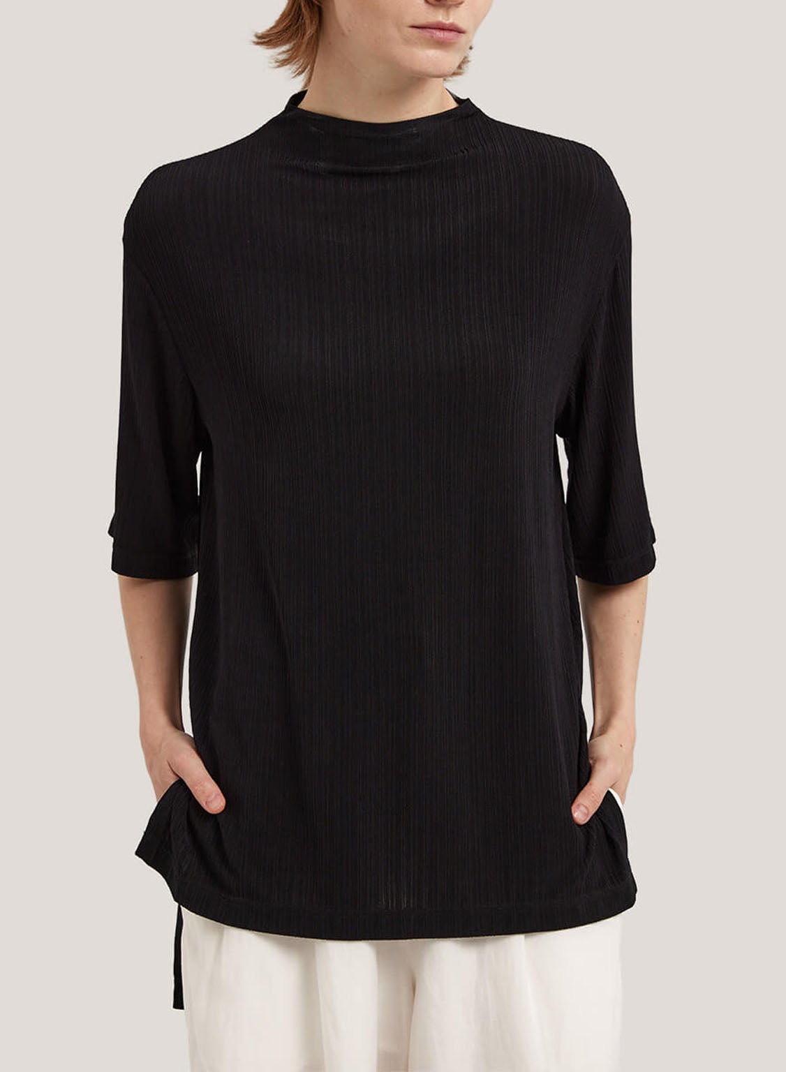 High-Neck Mid-Sleeve Yak-Wool Blend Sweater - Black, XS image