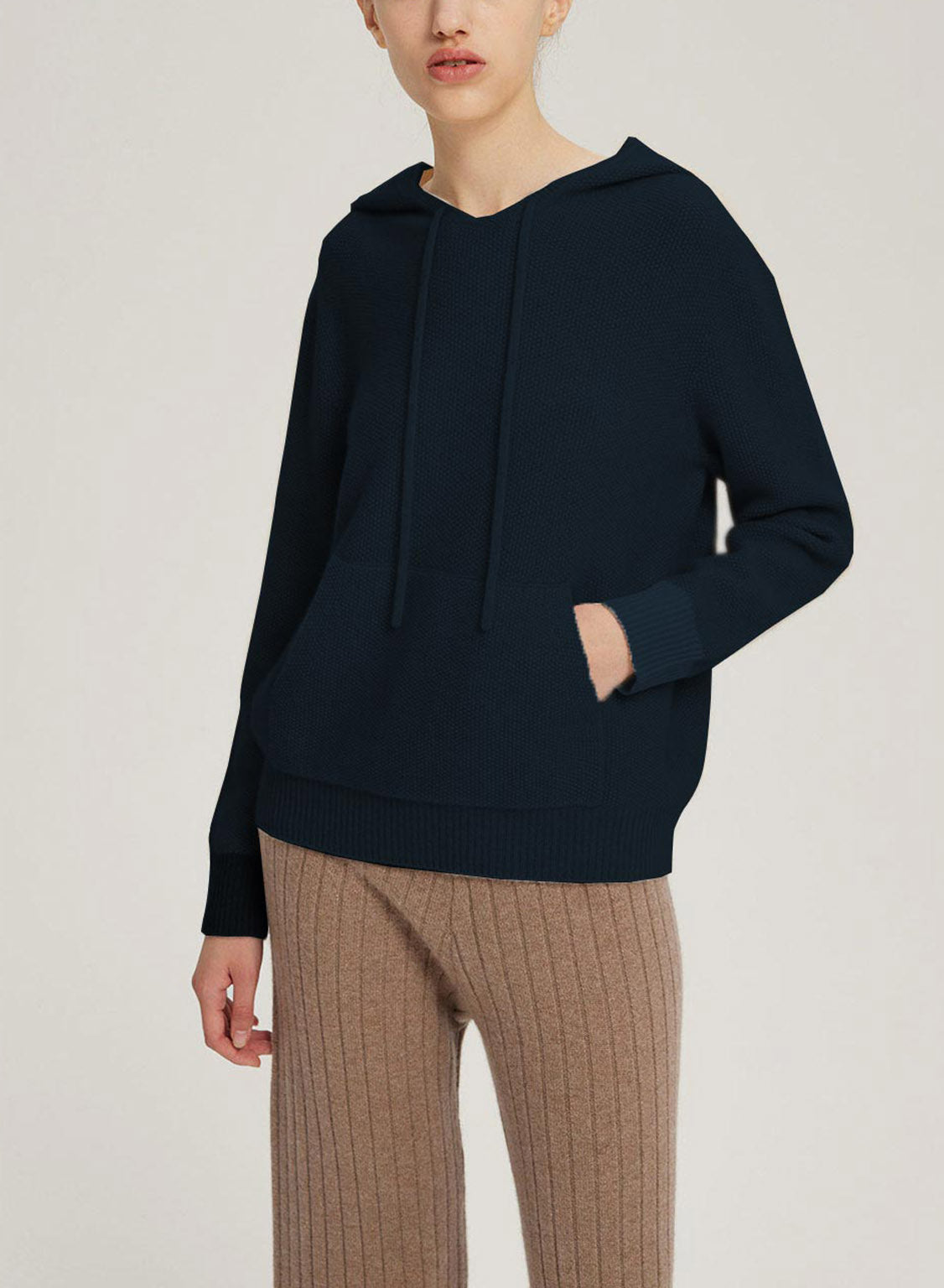 Drawstring Wool-Cashmere Knitted Hoodie - Navy, S image
