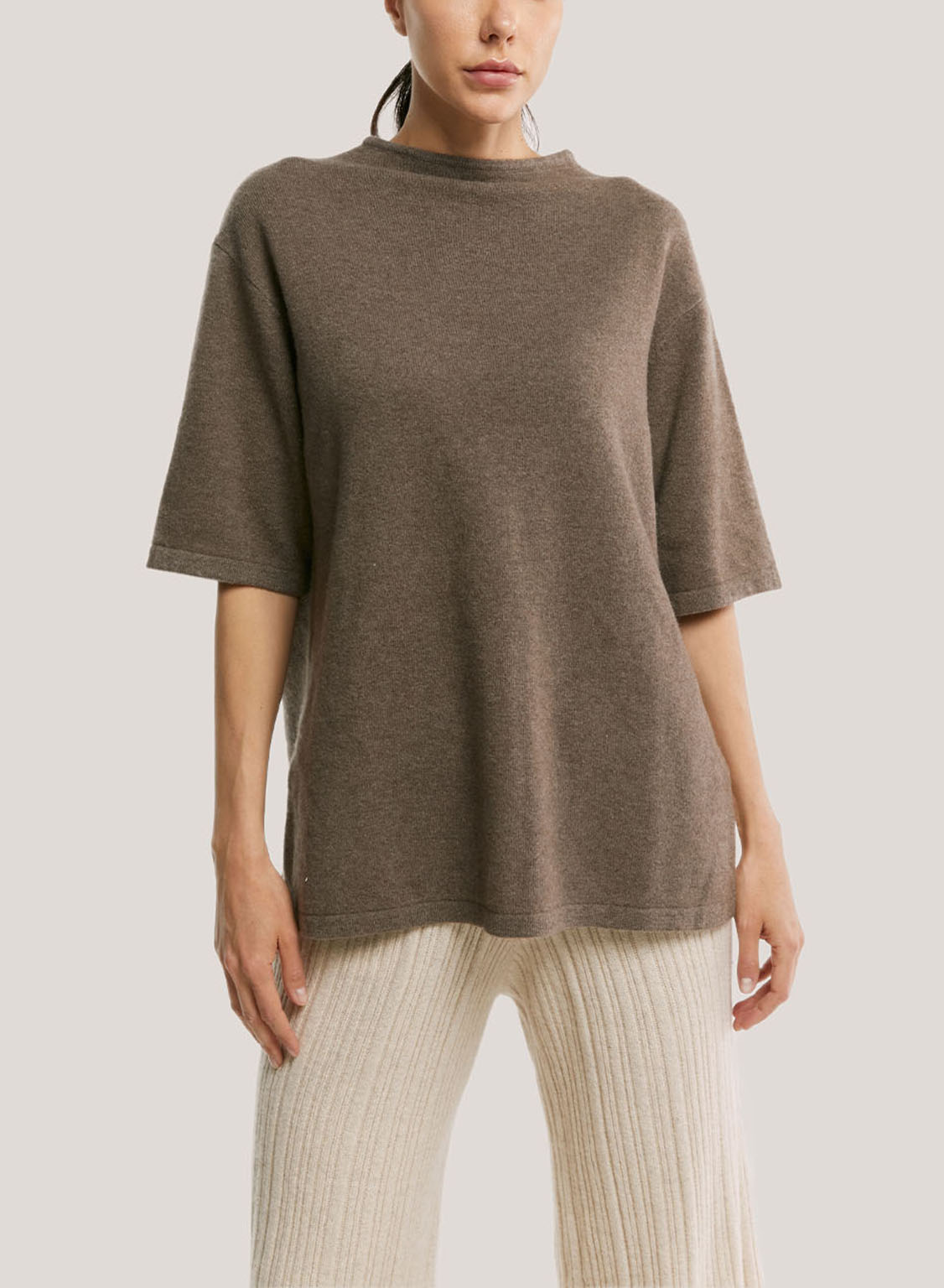 High-Neck Mid-Sleeve Yak-Wool Blend Sweater - Tortilla, M image