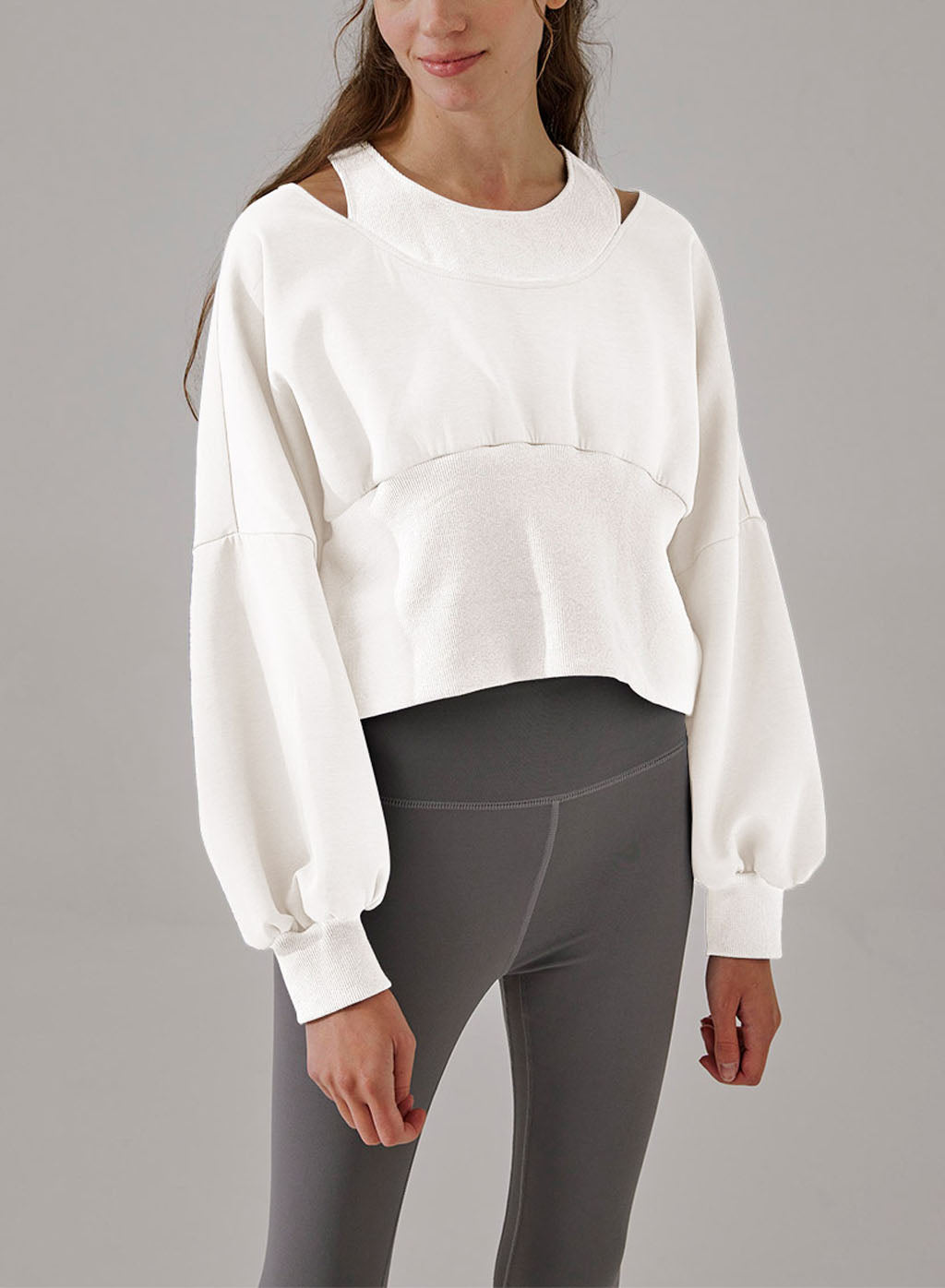 Puff Sleeve Cropped Top - Beige, S image