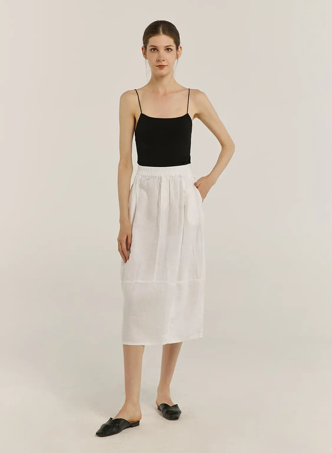 100% Linen Elastic Waist Midi Skirt image 1