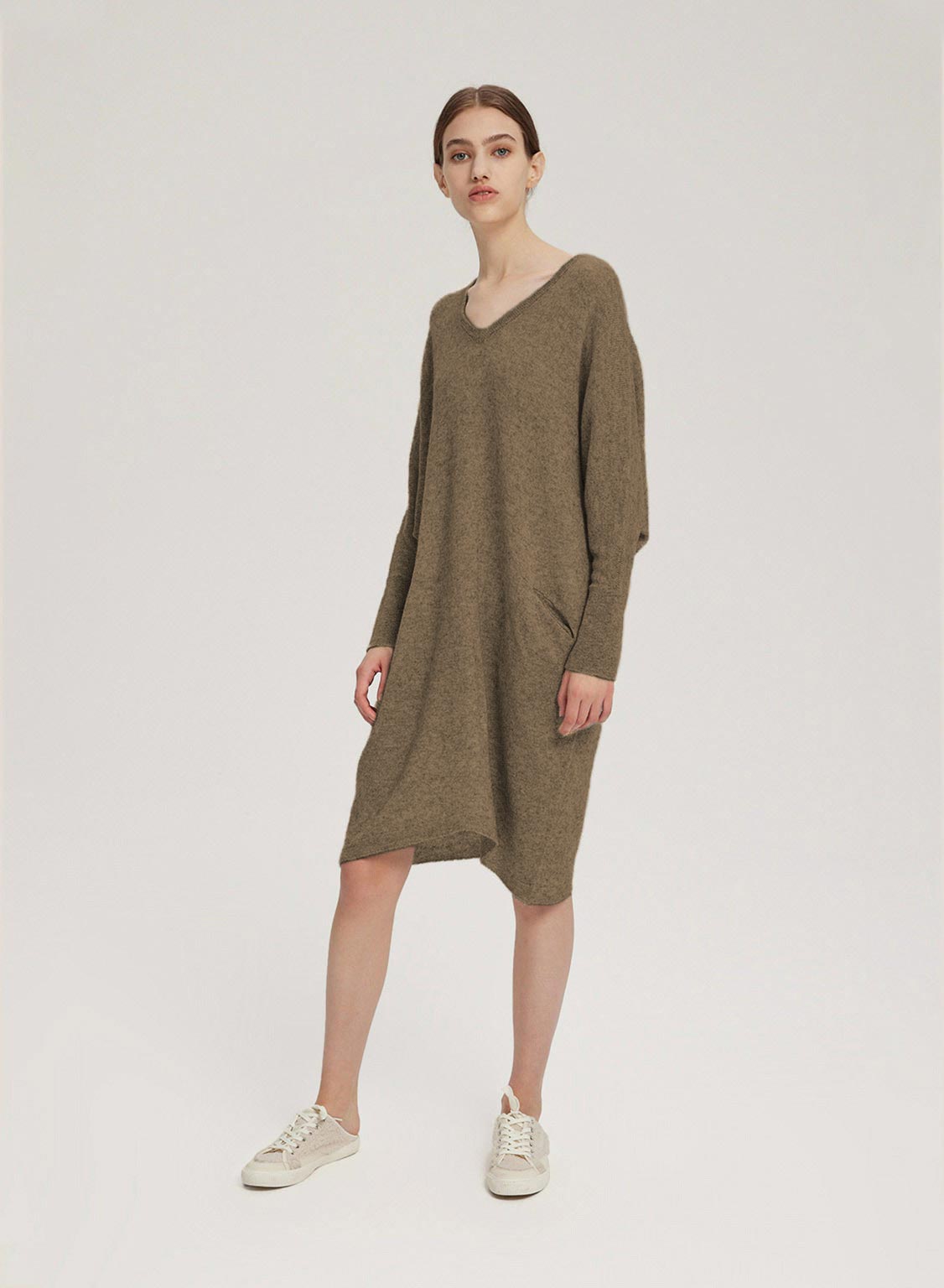 Loose V-Neck Pure Wool Dress - Tortilla, M image