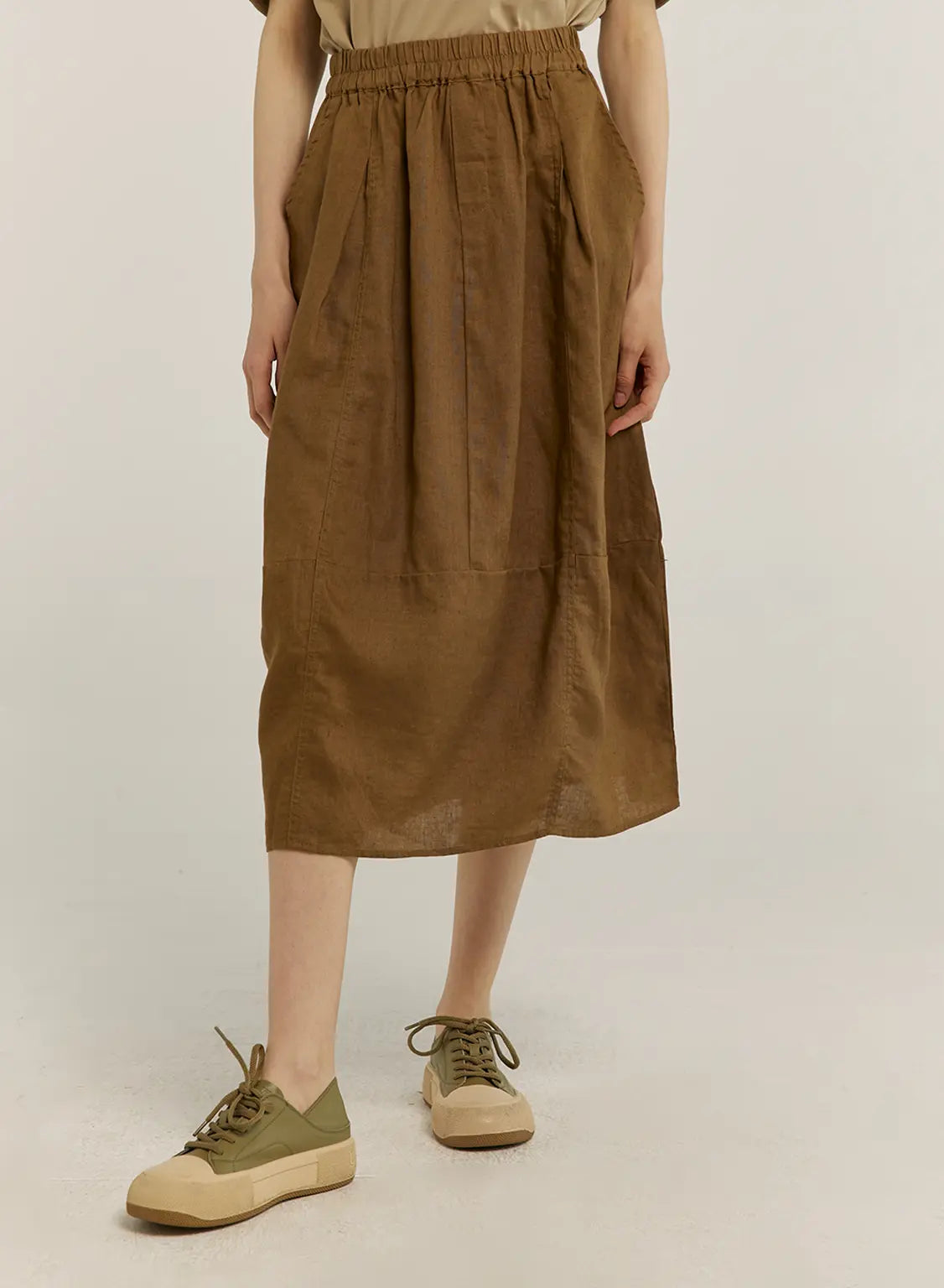 100% Linen Elastic Waist Midi Skirt - Golden Olive, OS image