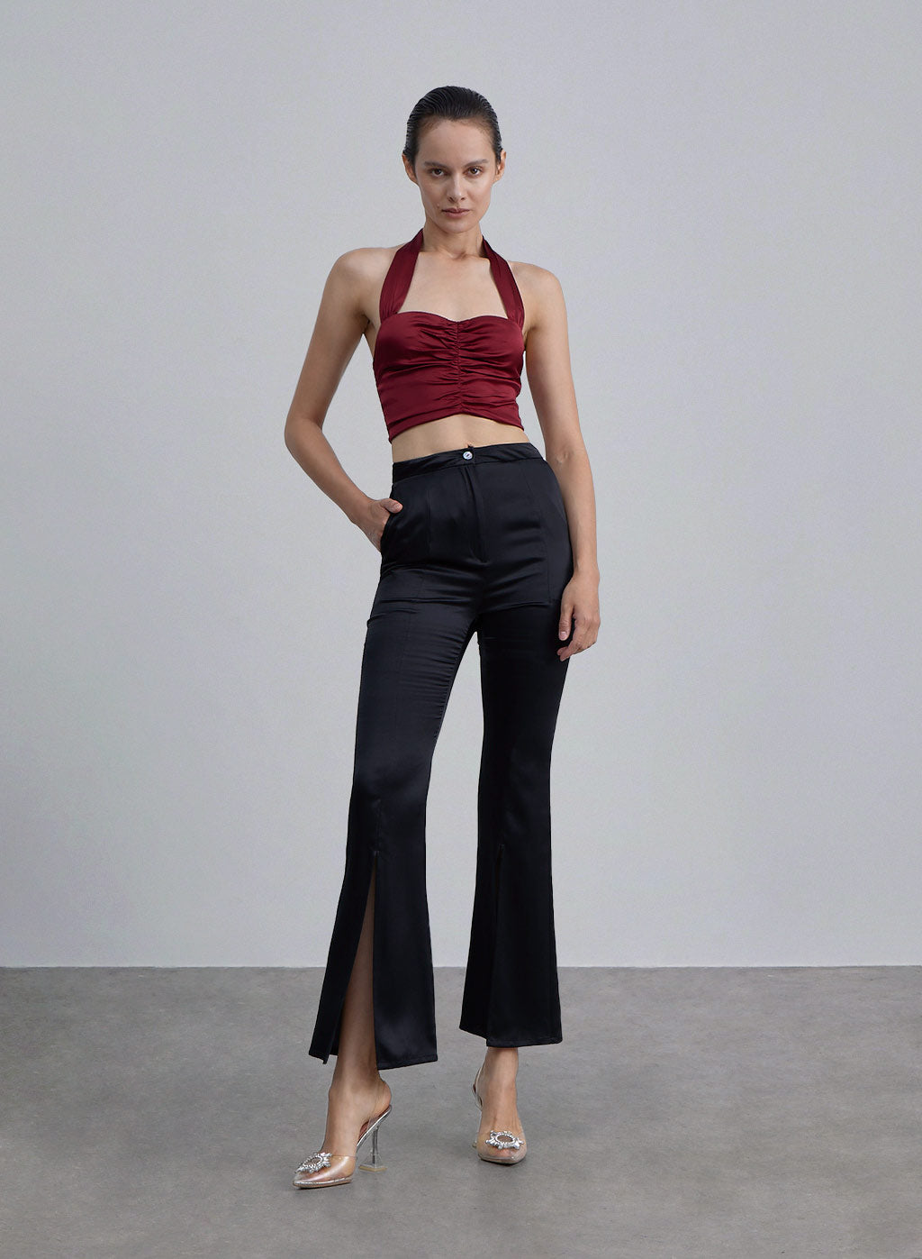 Front Slit Silk Bell-bottomed Pants image 0