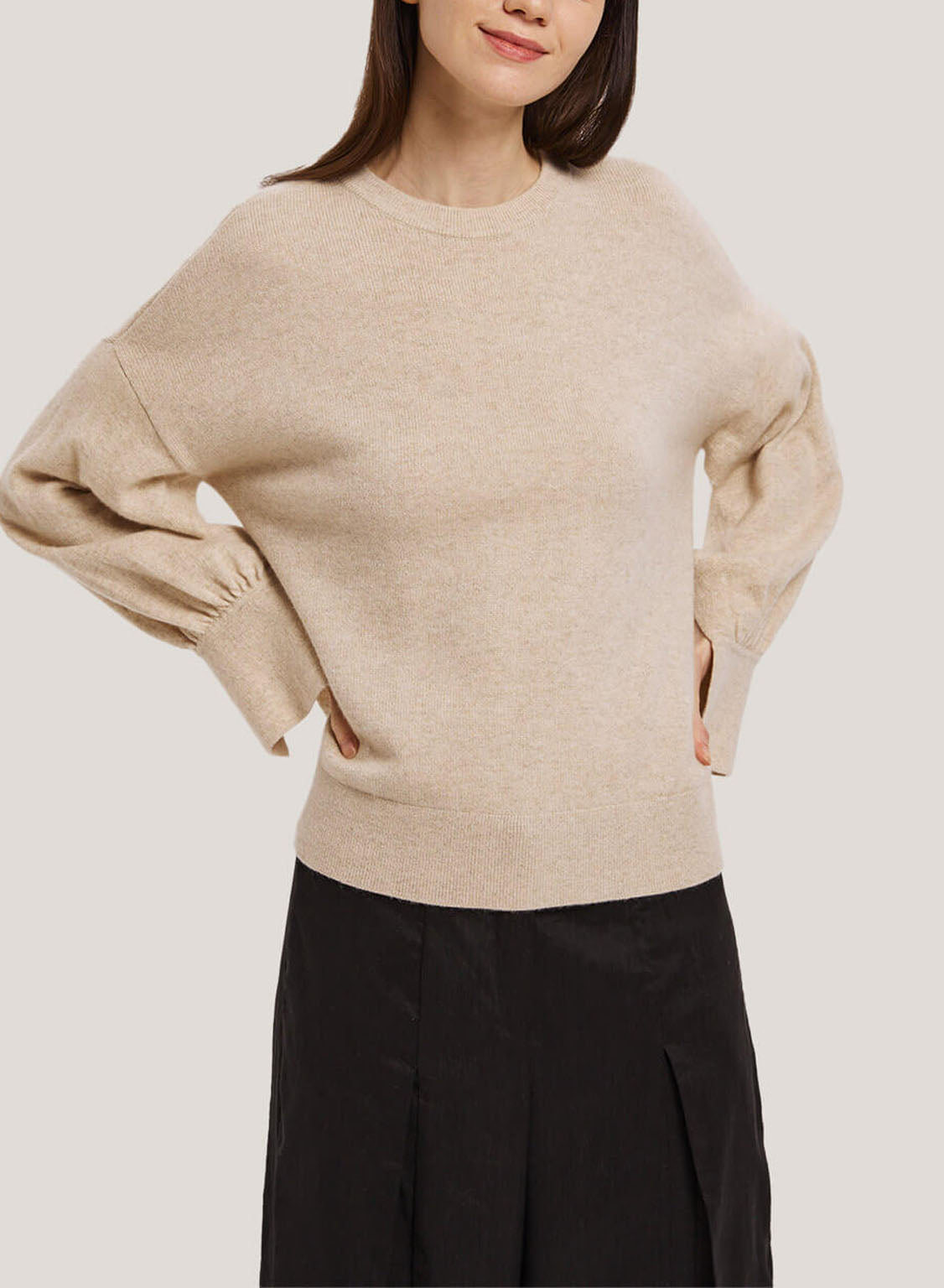 Tied Sleeves Pure Cashmere Sweater - Oatmeal, S image