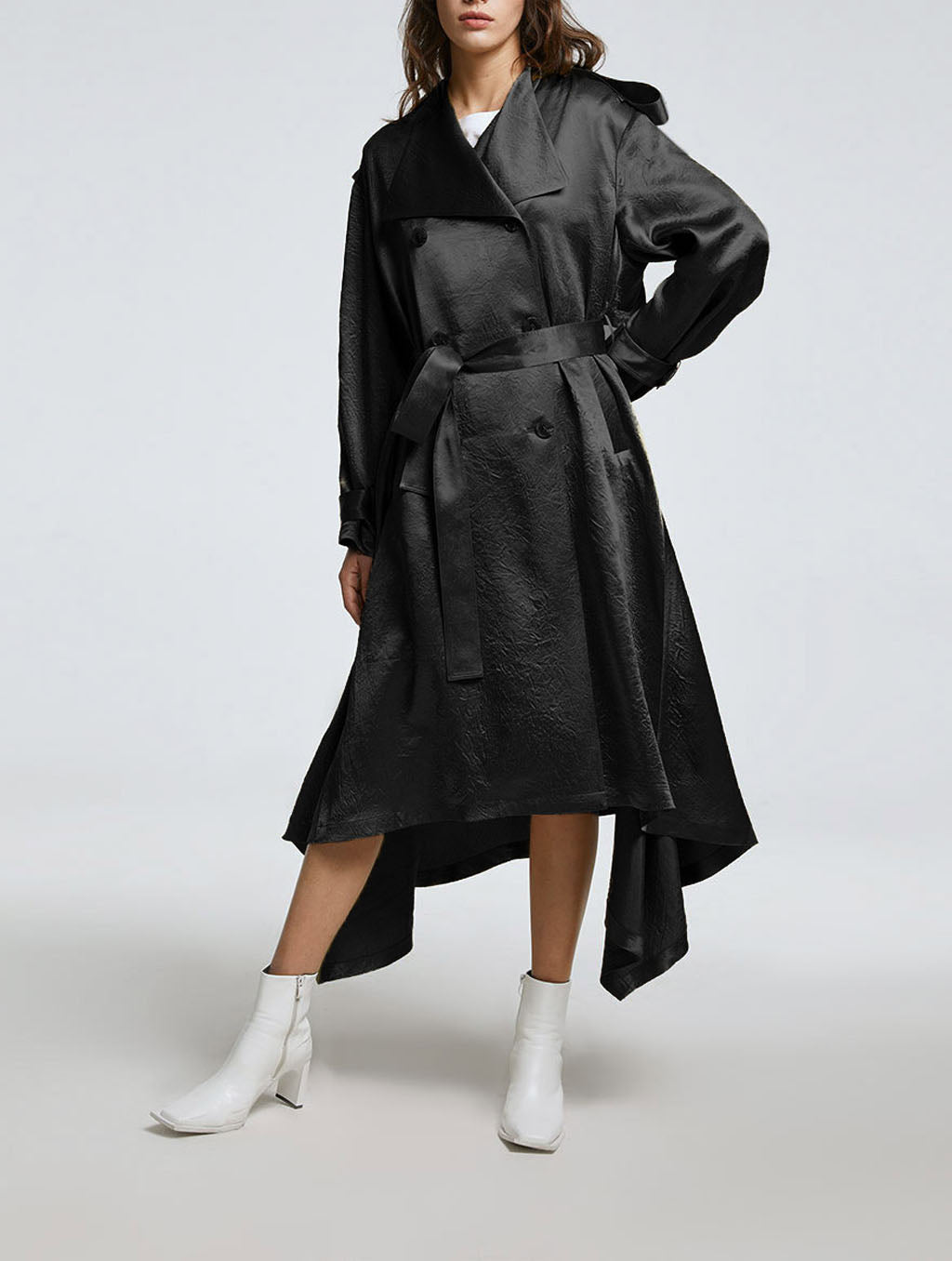 Double-breasted Pure Acetate Tent Coat - Black, S image