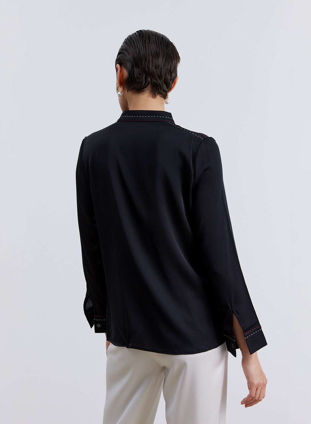 Decorative Line Stand Collar Silk Blouse image 1