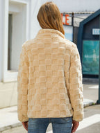 Stand-up Collar Plush Jacket Winter Long-sleeved Loose Zipper Cardigan Fashion Solid Color Checkerboard Design Coat Women Outwear image 6