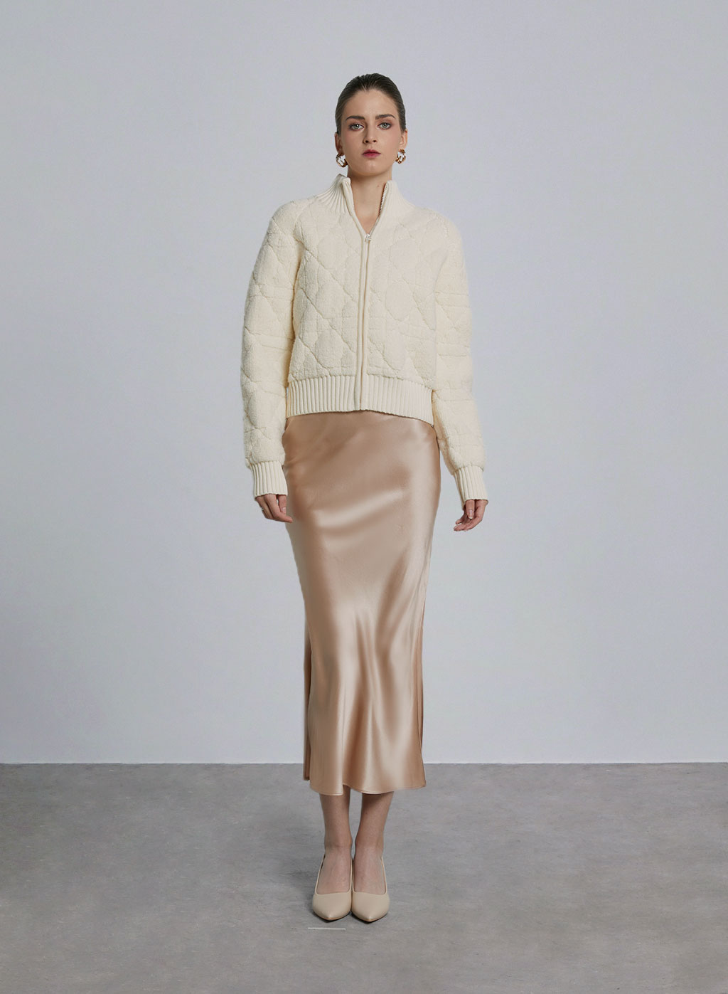 Seam Detail Zipped Wool Cardigan - Ecru White, M image
