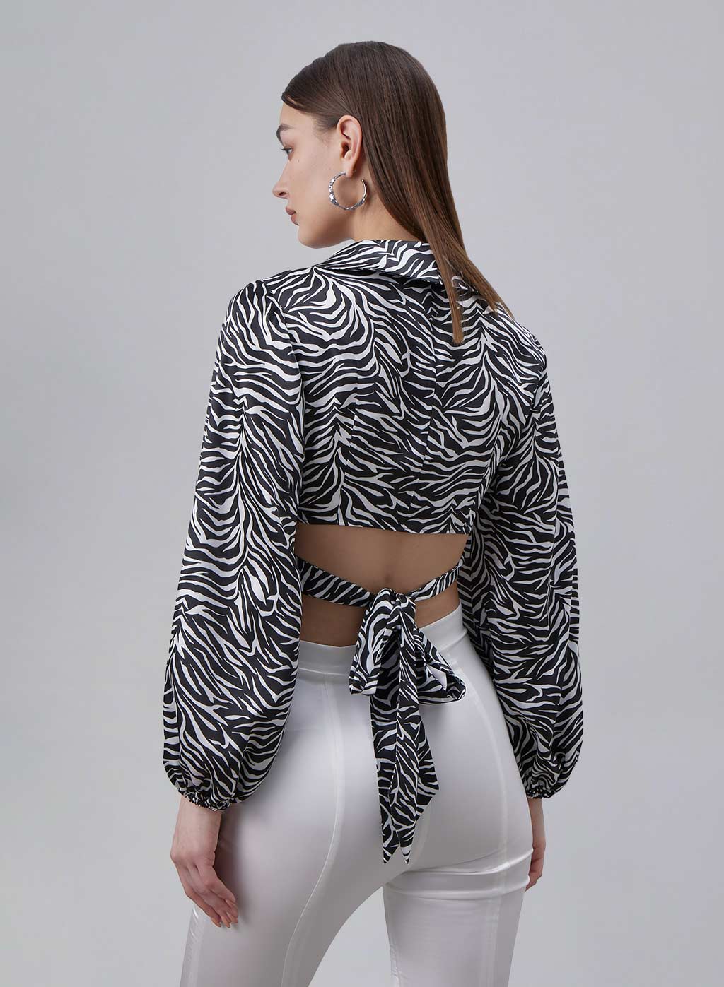 Printed Cross Straps Silk Cropped Top image 2