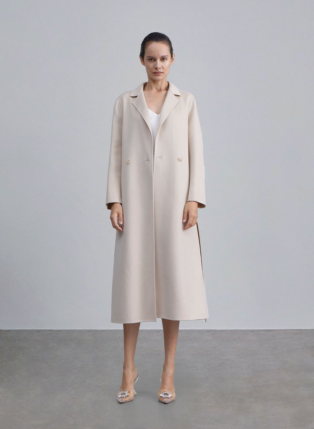 Notched Lapel Belted Wool Coat - Ecru White, S image