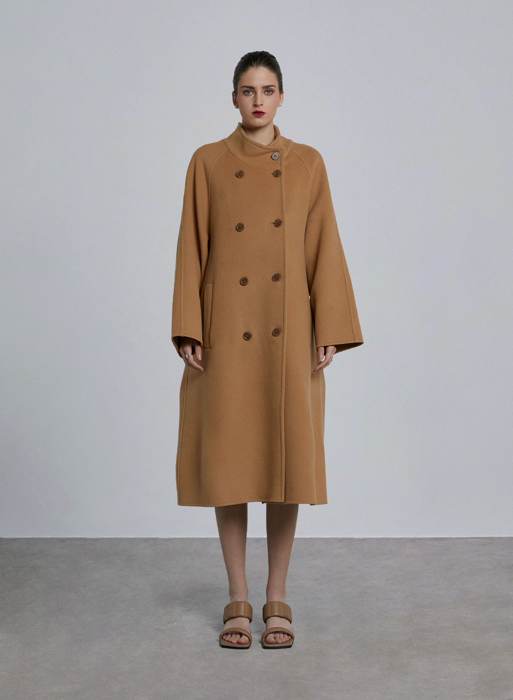 Merino Wool Mock Neck Long Coat - Latte, S image