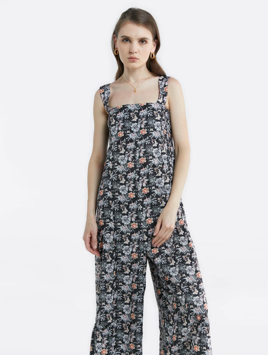 Square Neck Floral Jumpsuit - Black, XL image