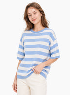 Crew neck striped short-sleeved knitted sweater