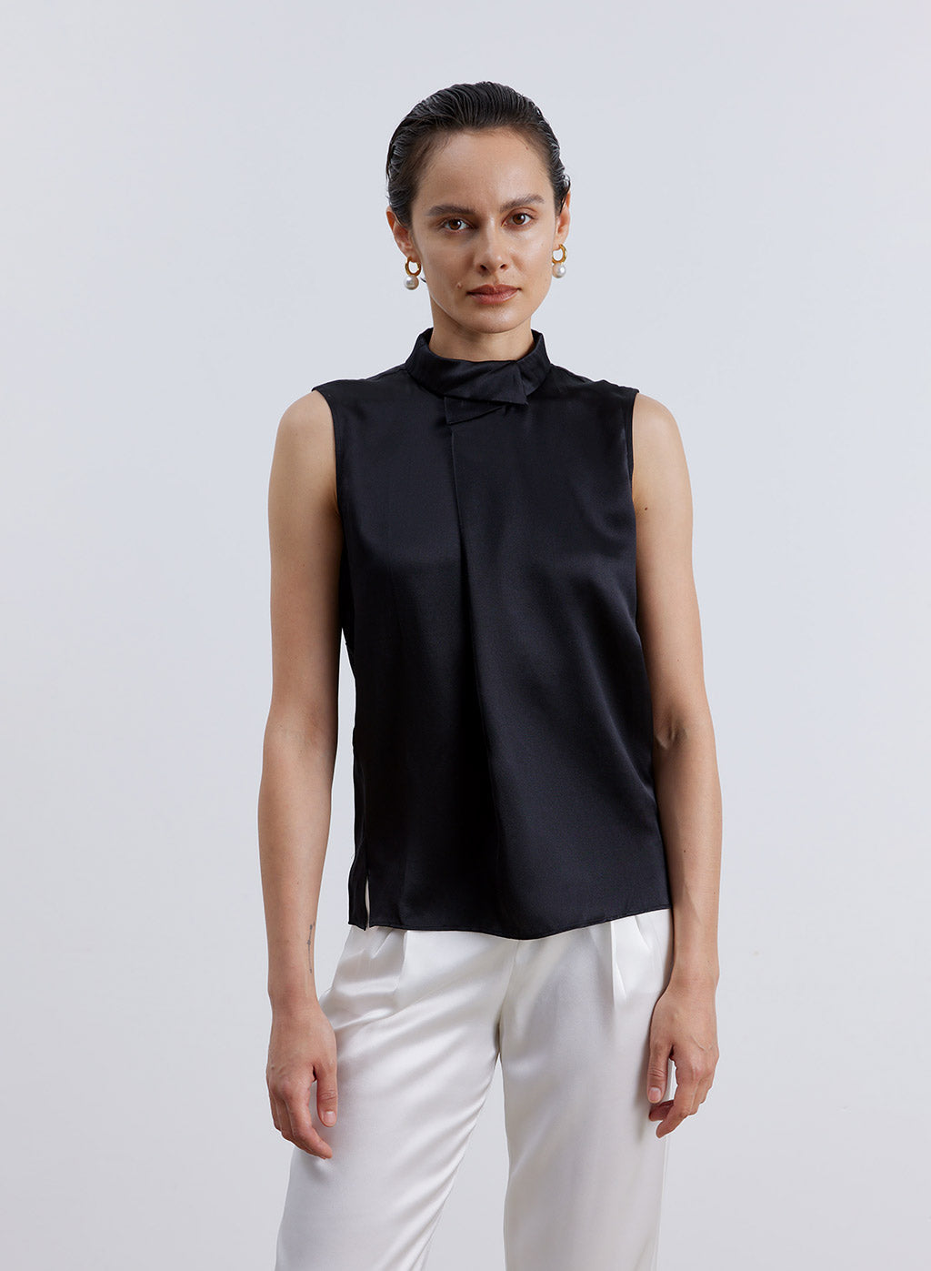 Sleeveless Square Neck Silk Blouse - Black, S image