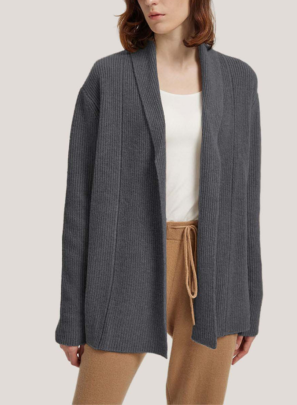 Wool-Cashmere Cardigan With Ribbed Shawl Collar - Smoke, M image