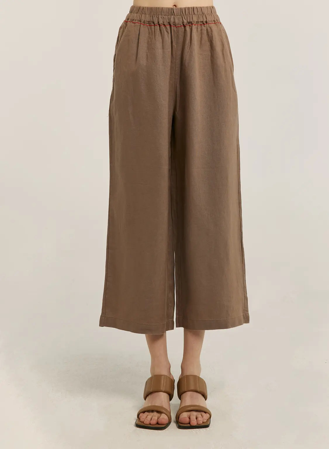 100% Linen Cropped Straight Pants - Dark Brown, L image