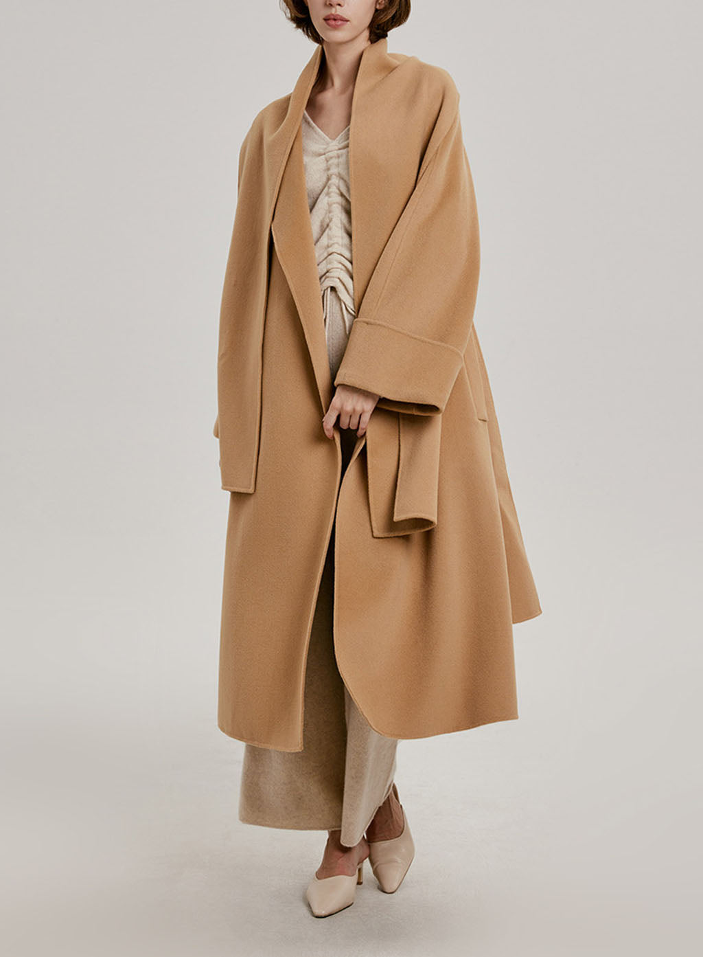 Mia Long Scarf Wool Coat - Tan, XS image