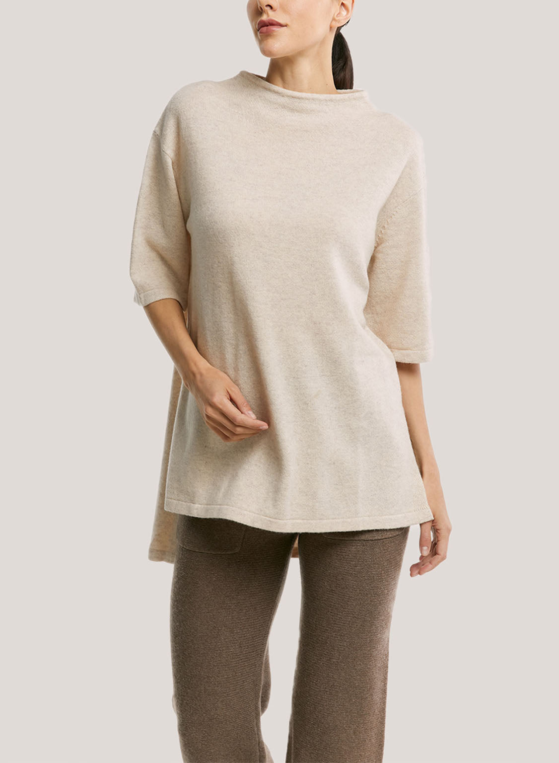 High-Neck Mid-Sleeve Yak-Wool Blend Sweater - Ivory, XS image