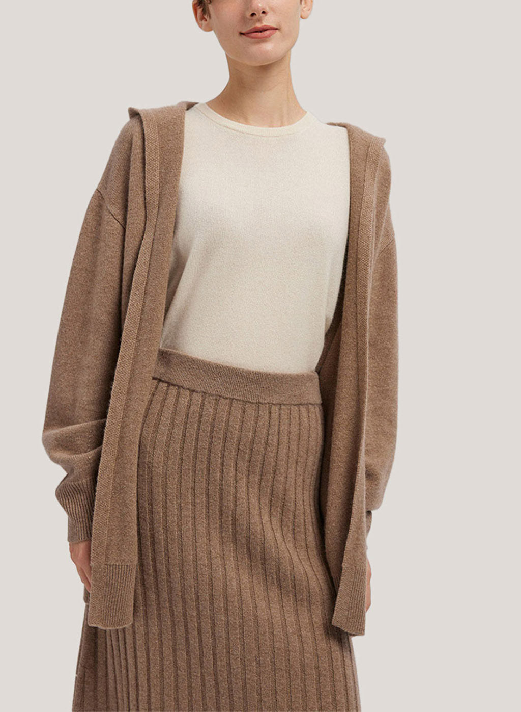 Pure Cashmere Cardigan With Hooded - Pale Taupe, S image