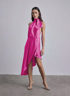 Halter Neck-Tie Hi-Low Silk Midi Dress