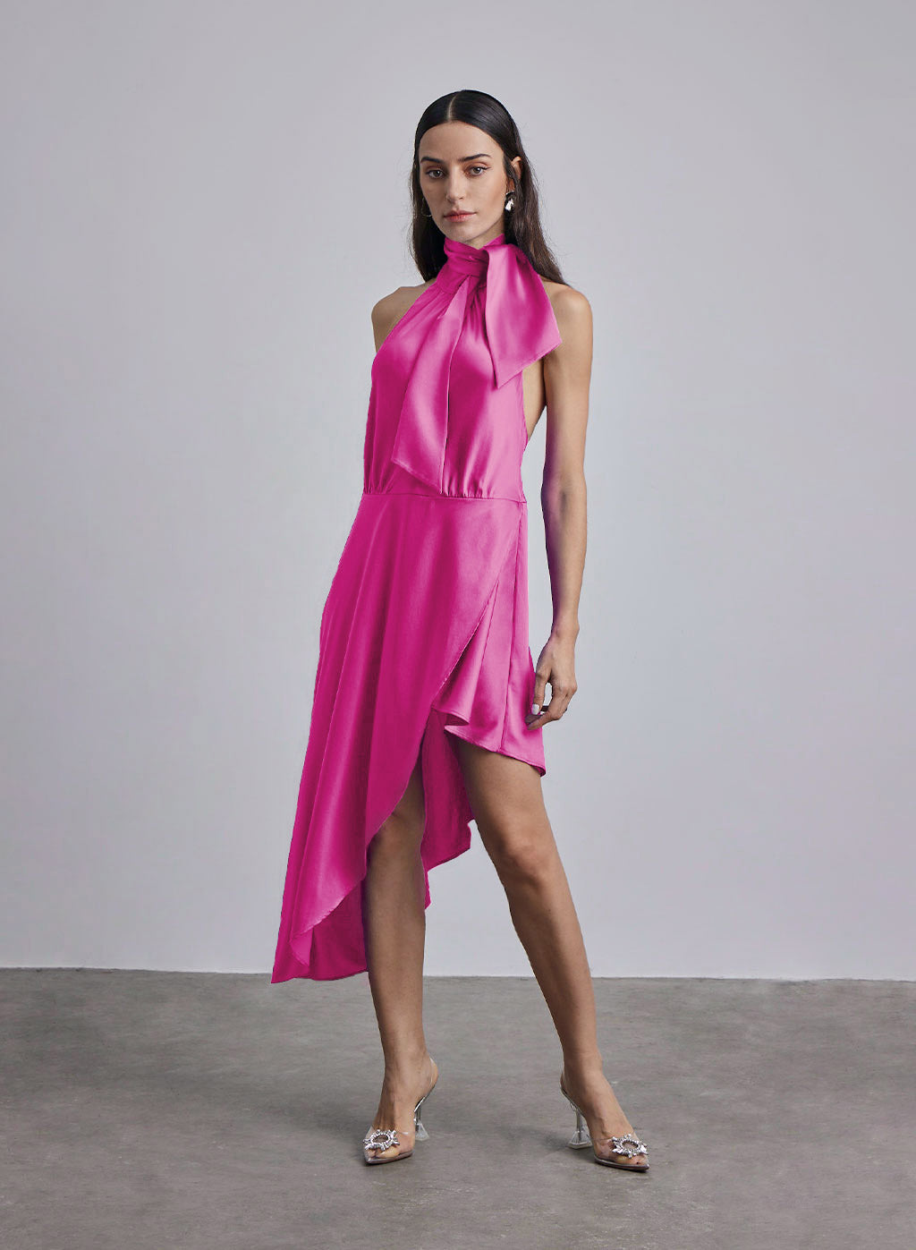 Halter Neck-Tie Hi-Low Silk Midi Dress