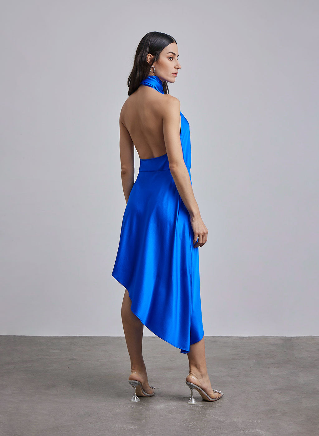 Halter Neck-Tie Hi-Low Silk Midi Dress