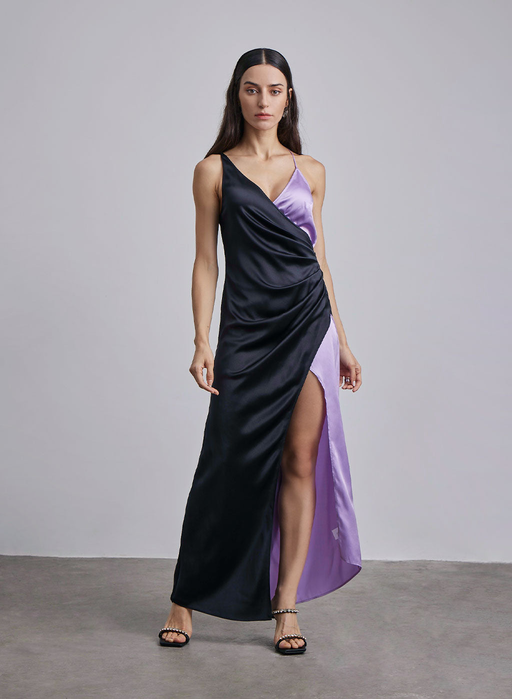 Color Contrast Wrap Silk Maxi Dress
