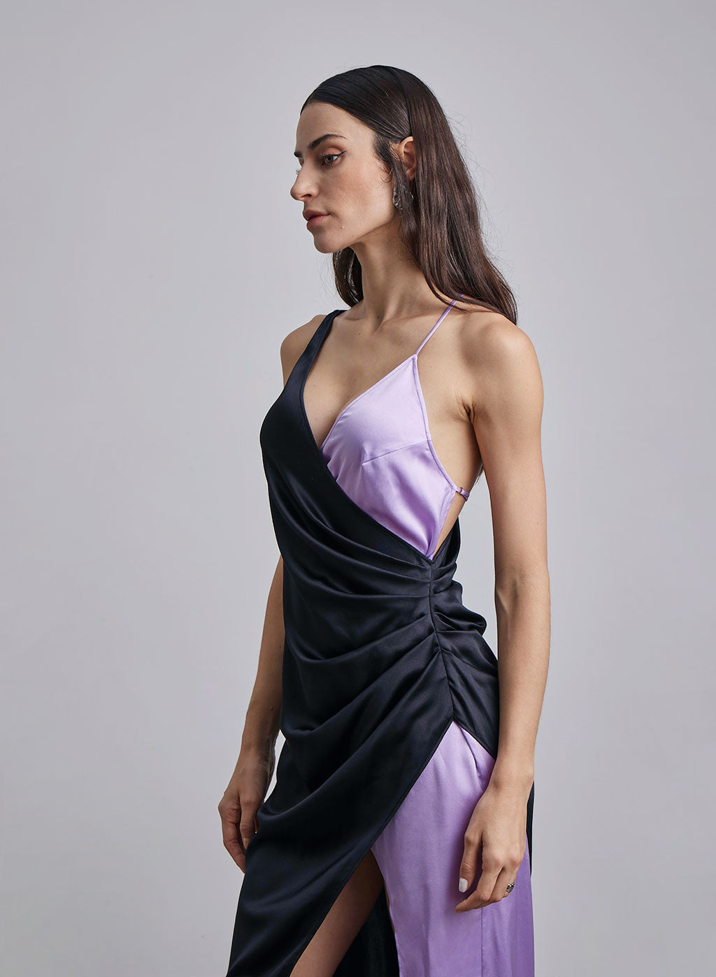 Color Contrast Wrap Silk Maxi Dress
