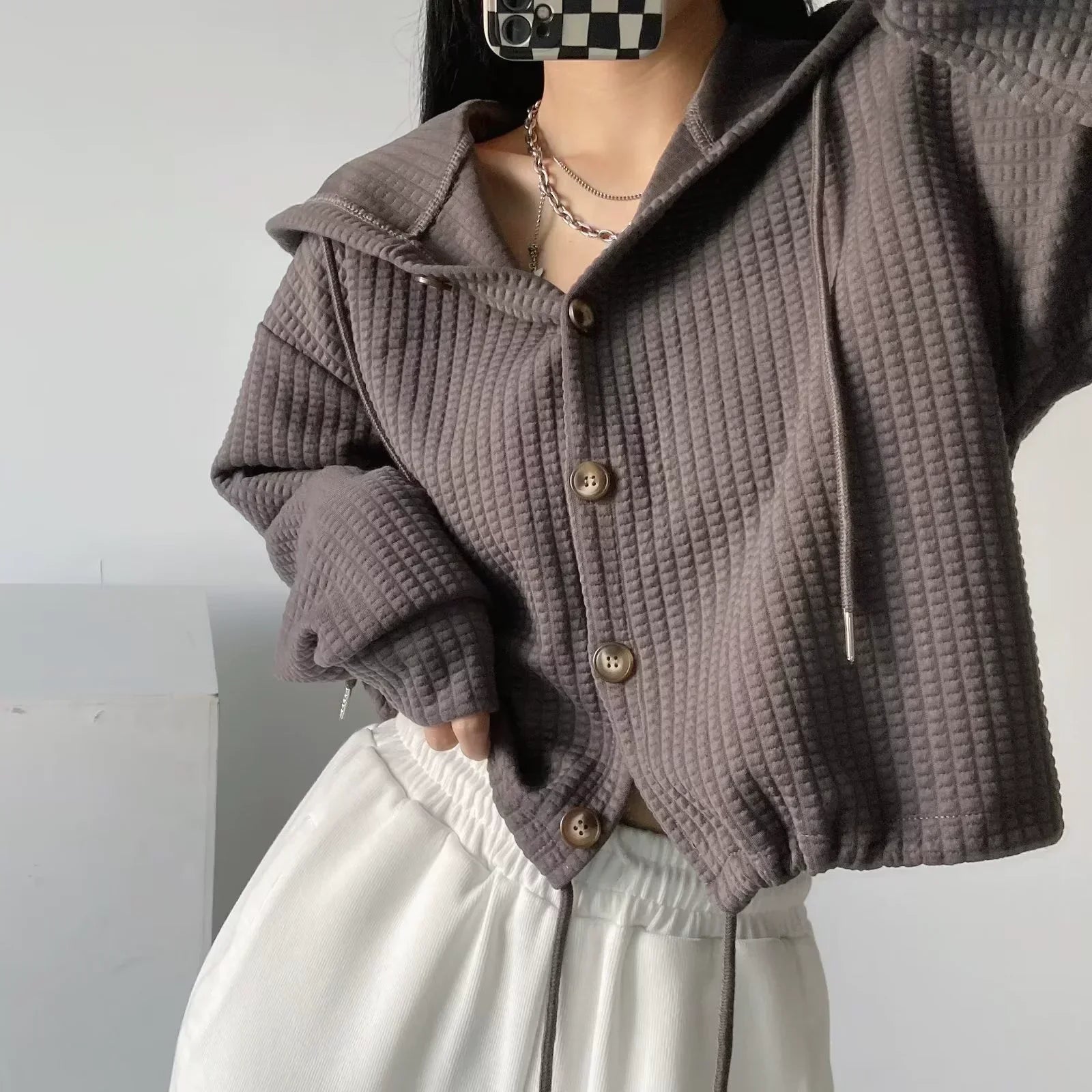 Solid Color Checkered Hoodie??Oversized Casual Pullover
