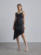 Lace Slant Hem Silk Dress - Midnight Black, XS image