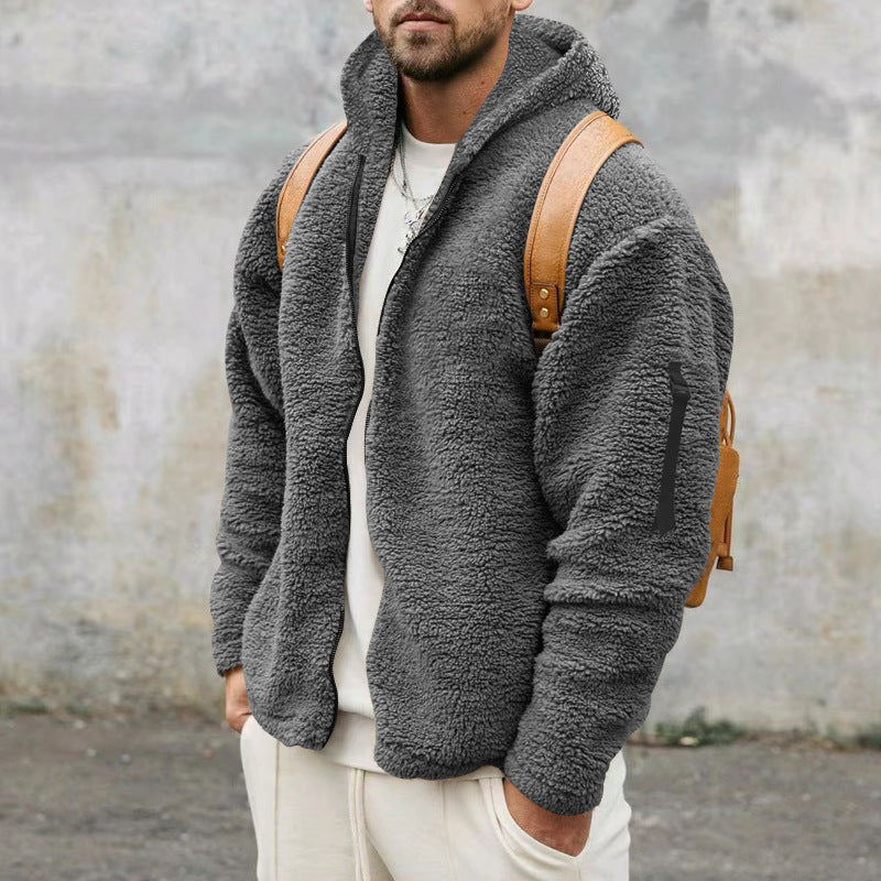 Plush Hooded Jacket Men's Autumn And Winter Fleece Double-sided Wear Warm Coat With Zipper Loose Casual Jacket Outdoor Clothing - Dark Gray, L image