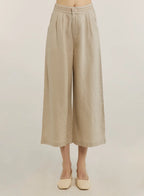 100% Linen Cropped Wide-Leg Pants - Butter Cream, M image
