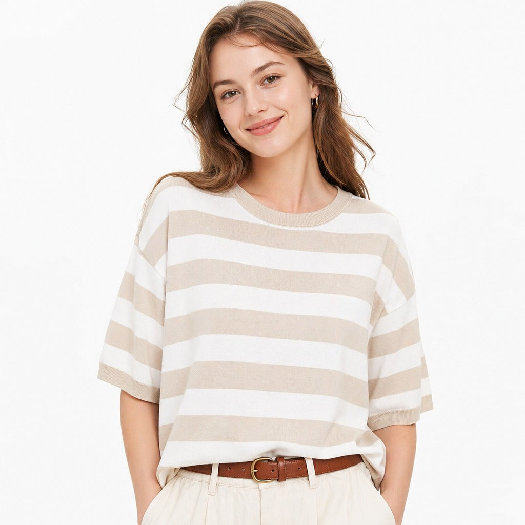 Crew neck striped short-sleeved knitted sweater