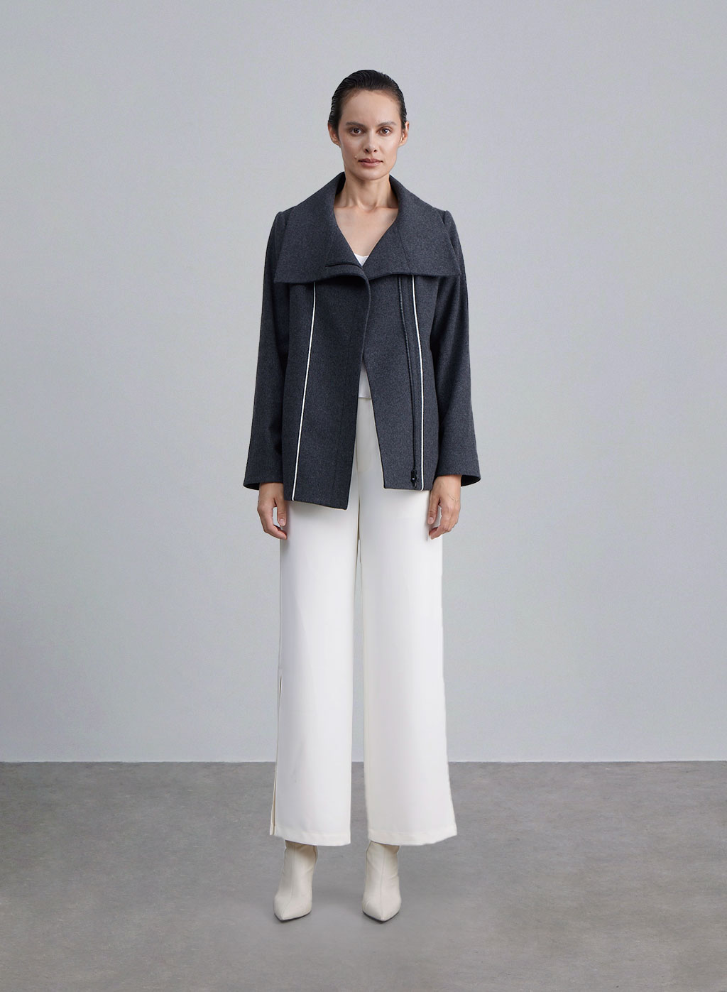 Contrast Line Short Cashmere-Wool Coat - Middle Grey, S image