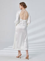 Flare Sleeve Empire Waist Backless Satin Dress image 1