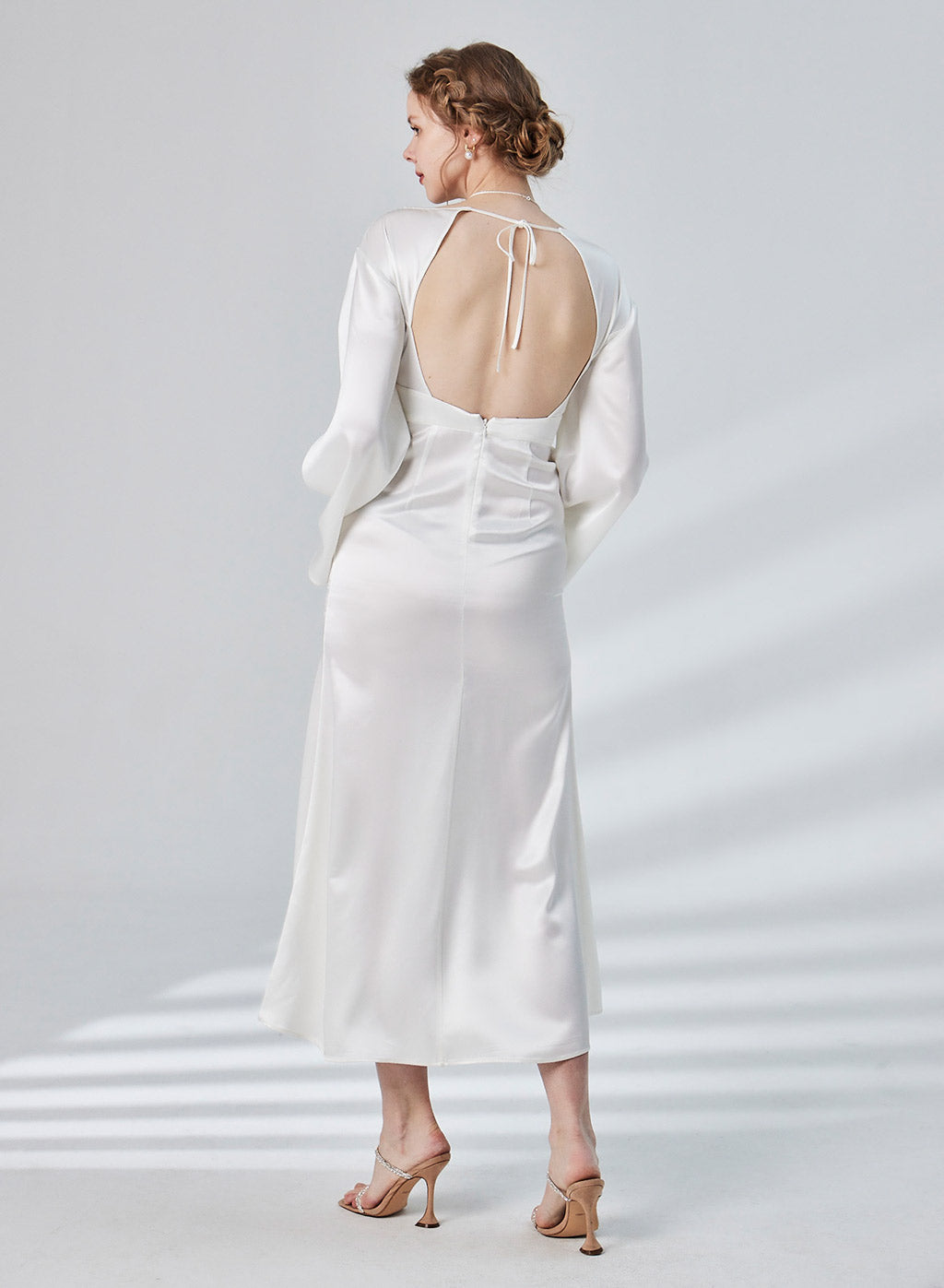 Flare Sleeve Empire Waist Backless Satin Dress image 1