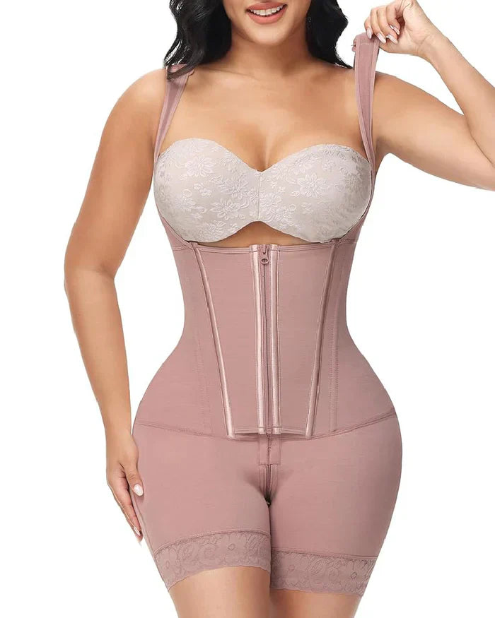 High-Compression Front Zipper Mid-Thigh Shapewear with Built-In Bra