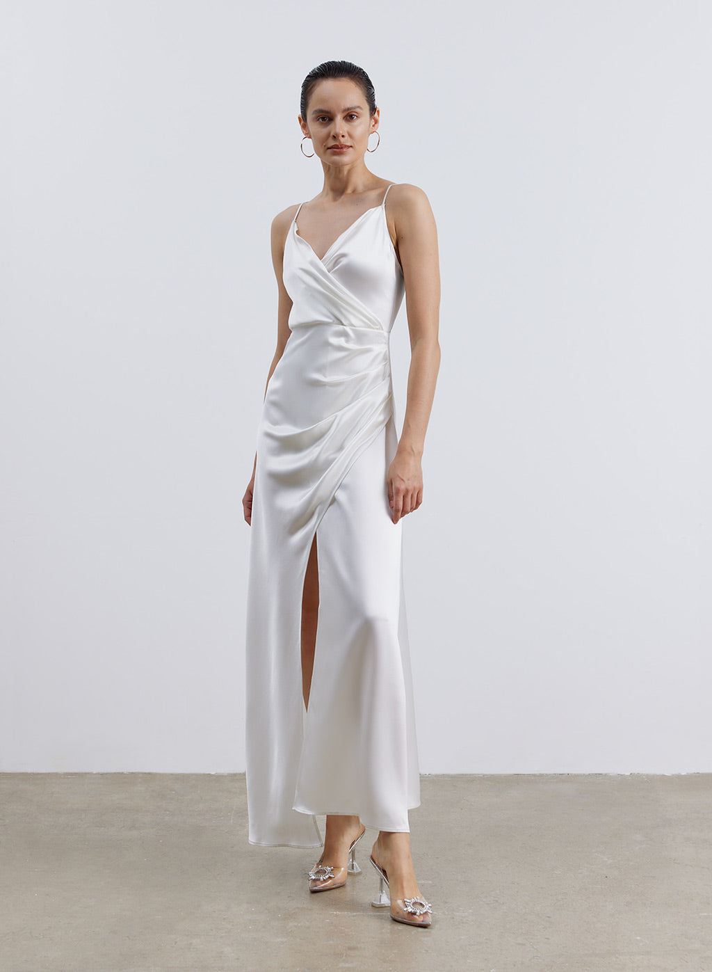 Pleated Front Satin Slip Dress - Pearl White, XS image