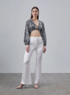 Printed Cross Straps Silk Cropped Top image 1