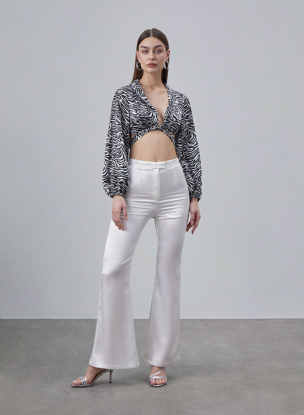 Printed Cross Straps Silk Cropped Top image 1