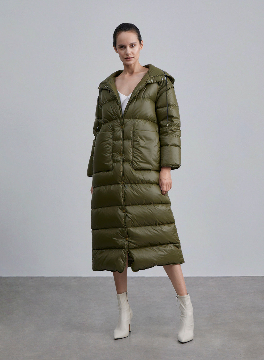 Patch Pocket Drawstring Hooded Down Coat - Siam, S image