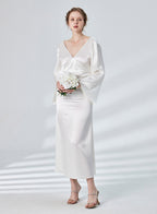 Flare Sleeve Empire Waist Backless Satin Dress - Pearl White, XS image