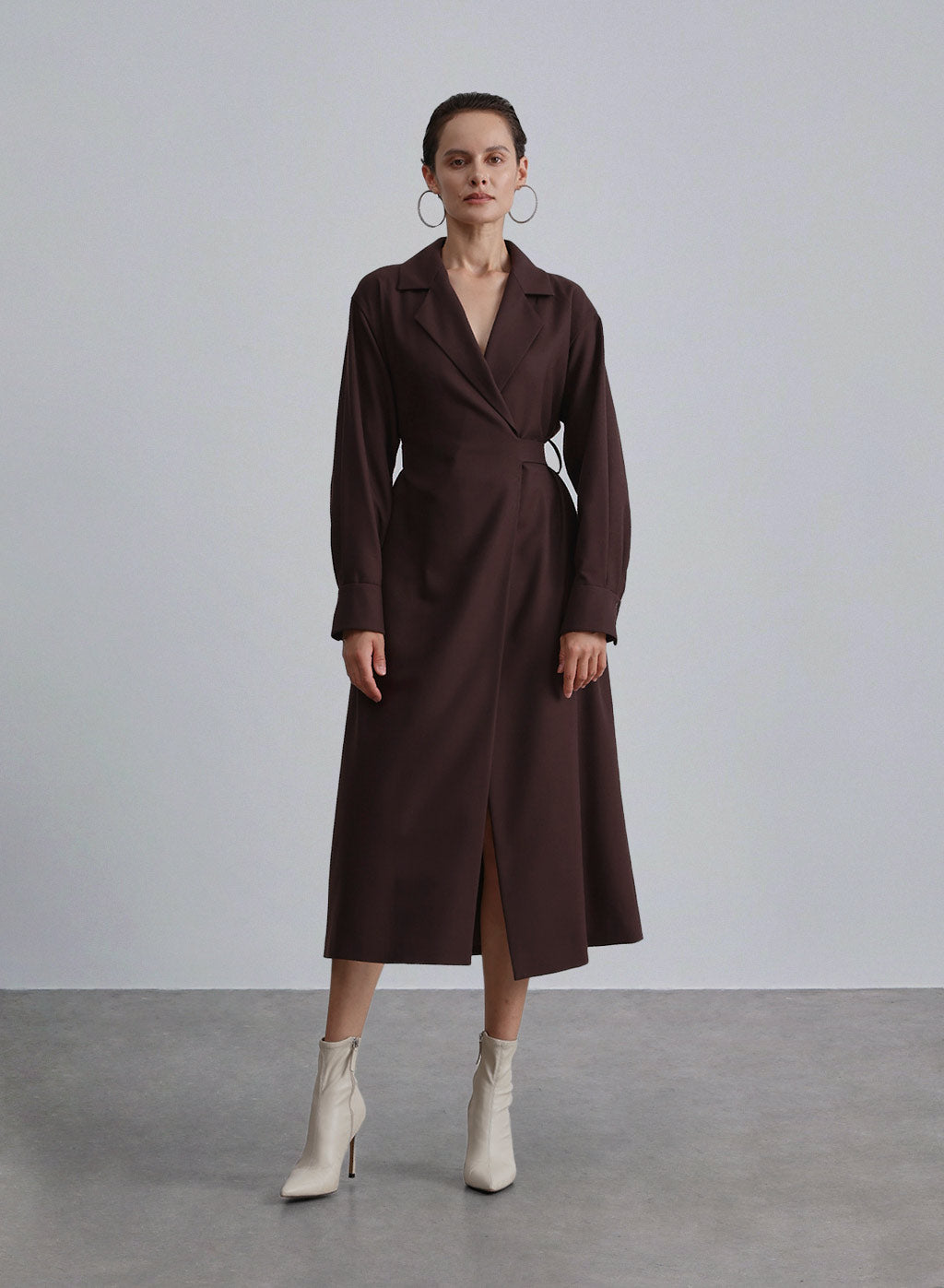 Lapel Woven Suit Dress - Coffee, XS image