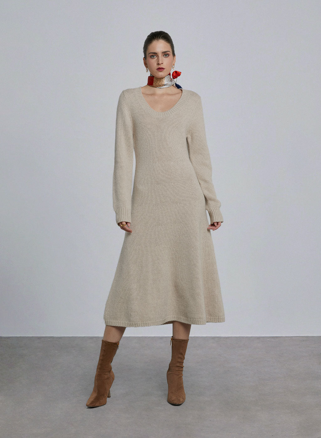 Scoop Neck Midi Wool Dress - Champagne, S image