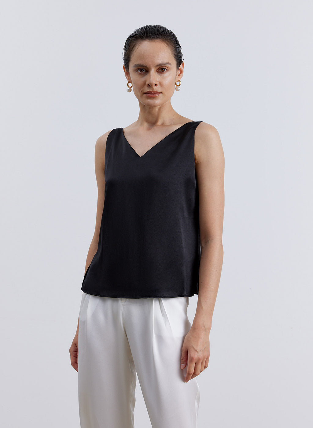 Minimalist V Neck Silk Top - Black, M image