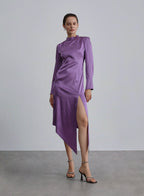 Side Slit Diagonal Hem Silk Dress - Violet, S image