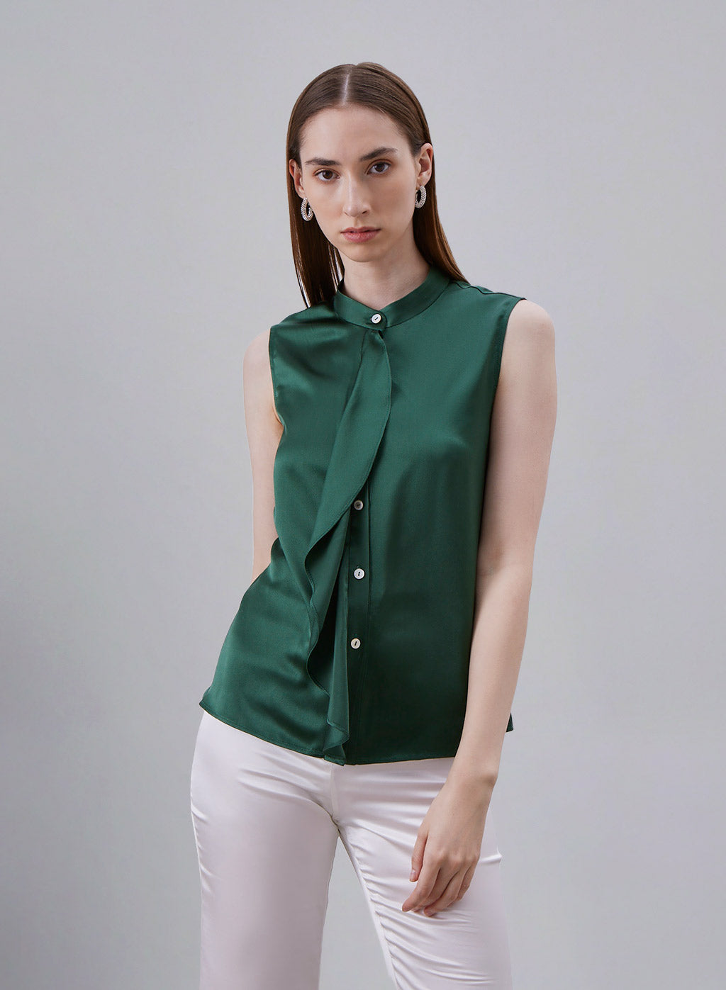 Draped Front Stand Collar Sleeveless Silk Blouse image 0