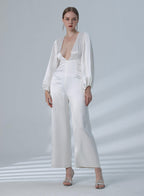 Plunge V-neck Long Sleeve Satin Jumpsuit - Pearl White, XS image