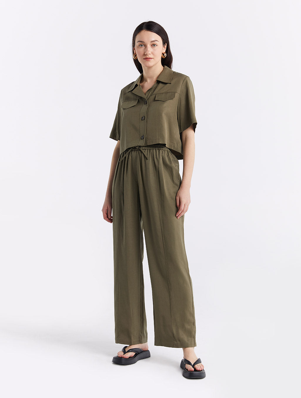 Linen Blend Shirt &amp; Pants Set - Brown, L image